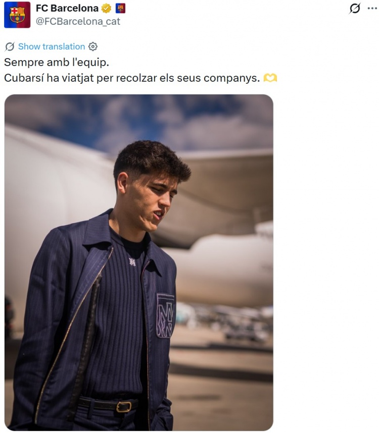 红牌停赛，巴萨官推晒库巴西随队出征马竞照片：永远与球队在一起