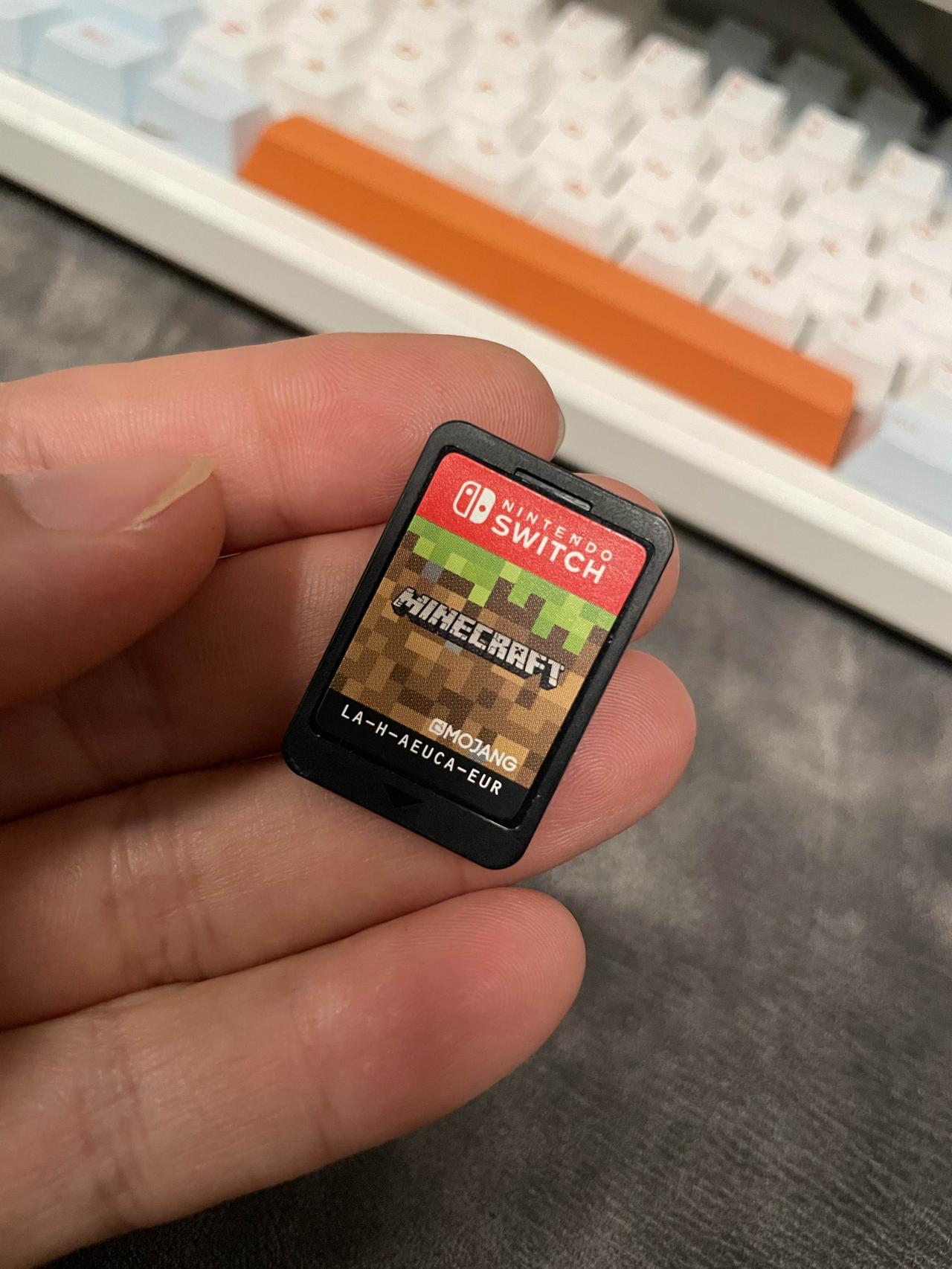 今天在广州鬼市花了5元淘的Switch游戏卡，小小的一片，印着《我的世界》的方块