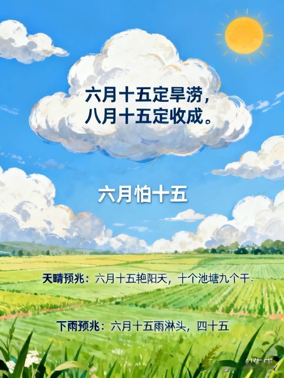今天是六月十五民间俗语有
1. 六月十五定旱涝，八月十五定收成（全国流传最广）
