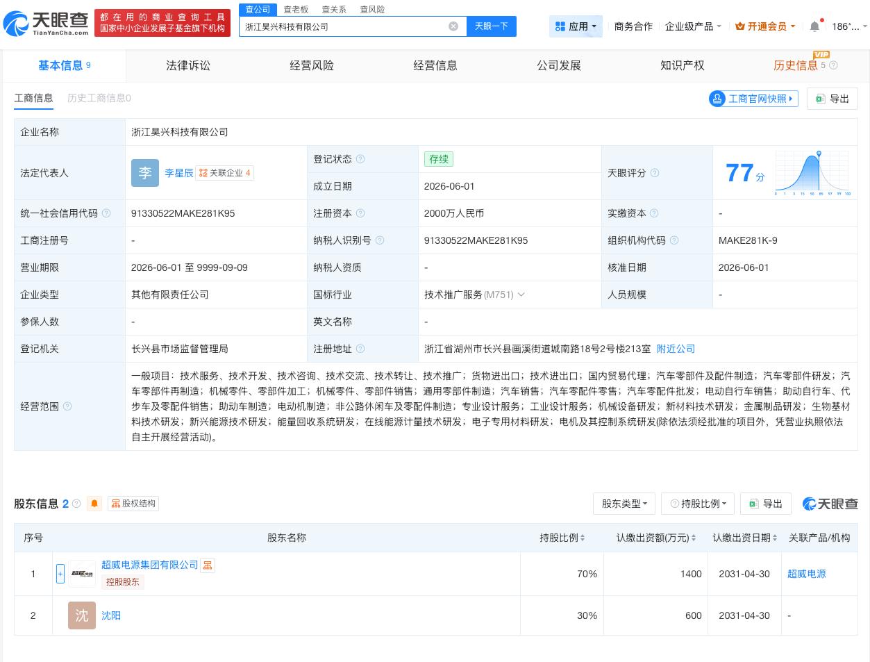 超威动力等在浙江成立新公司 注册资本2000万

天眼查App显示，近日，浙江昊