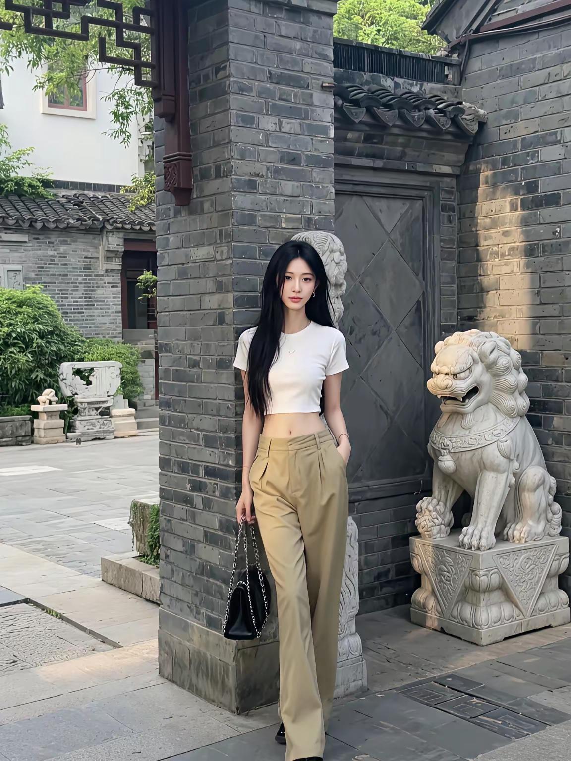 古风庭院里，白T恤搭配米色高腰裤，优雅气质满满！👗🏯