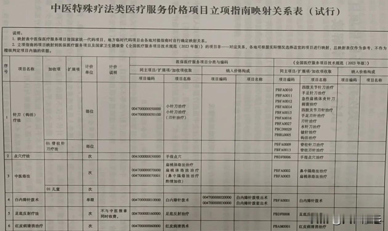 中医特殊疗法类医疗服务项目价格立项指南映射关系表（试行