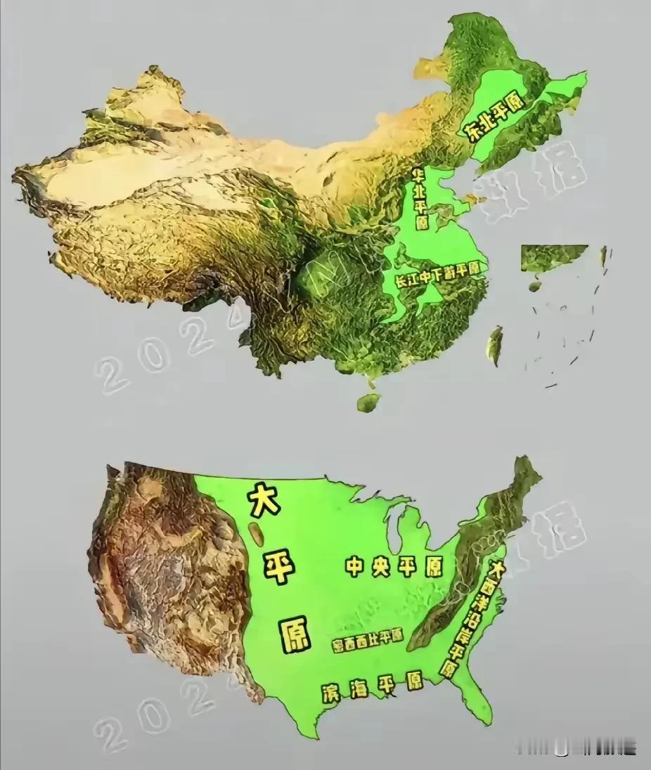 美国与中国地形图一比较，你就会很惊讶，原来美国的平原比中国的平原多算了几倍，可是