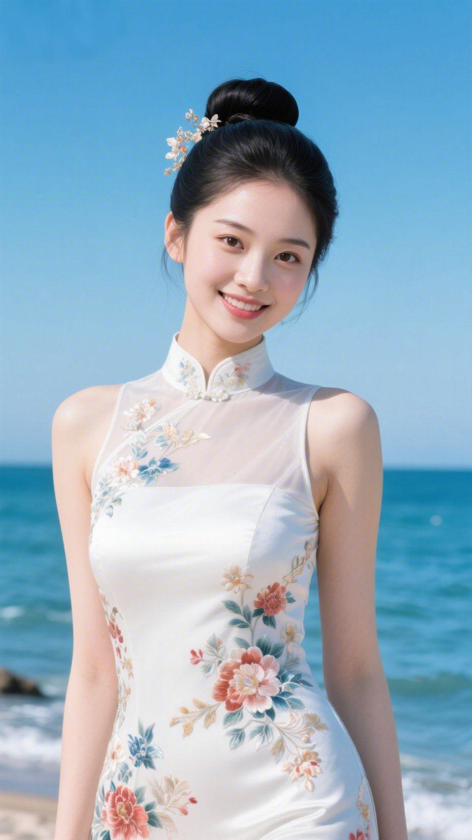 《白缎花影裹海风》
 
海风揉软了云，轻拂过她襟前的绣纹——米白缎面衬着清透纱料