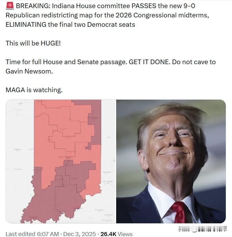 突发：印第安纳州众议院委员会以9:0通过新的共和党重新划分选区方案，备战2026
