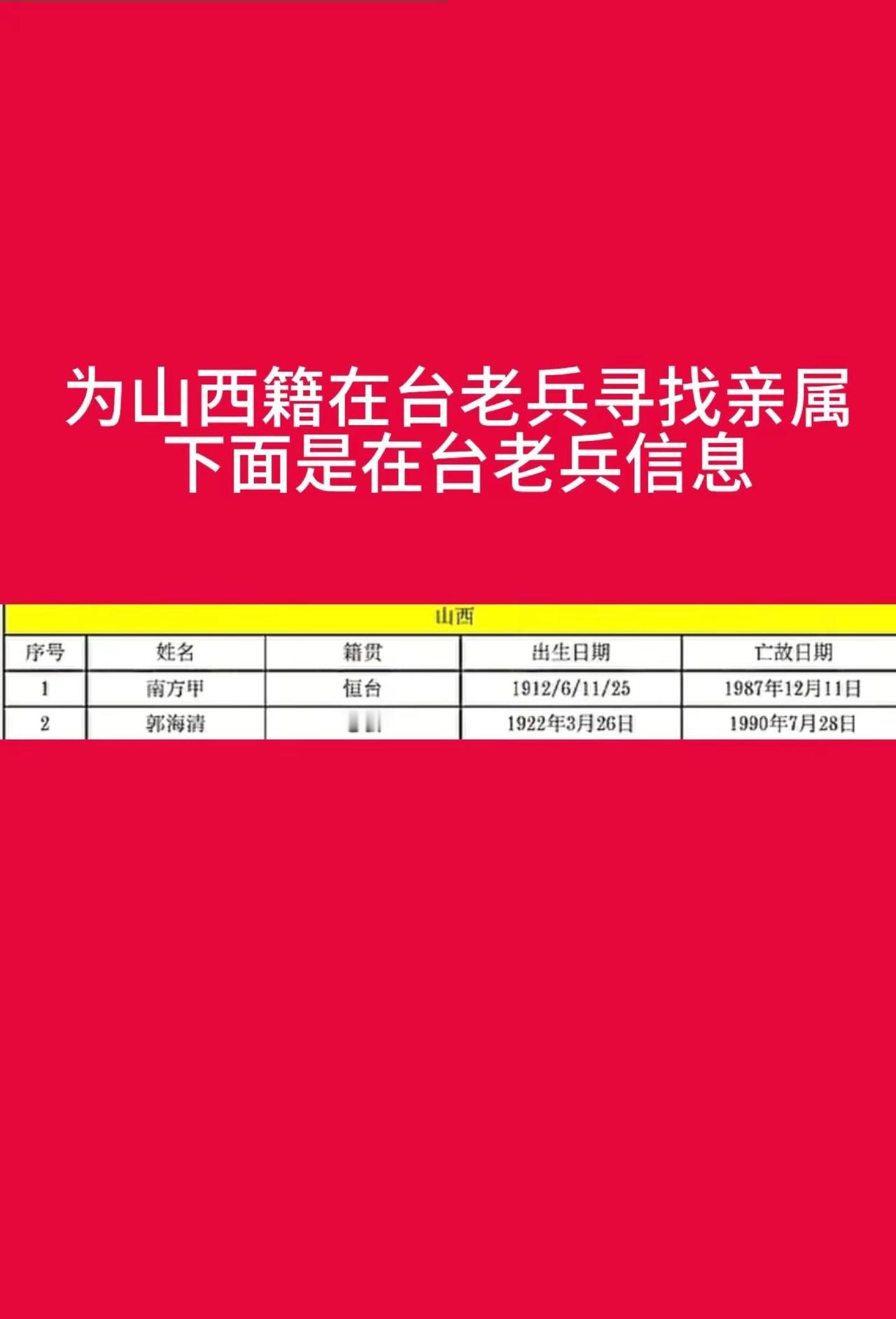 为山西籍在台老兵寻找亲属。这是山西籍老兵寻找亲属的信息，此信息来自宝岛台湾@远山