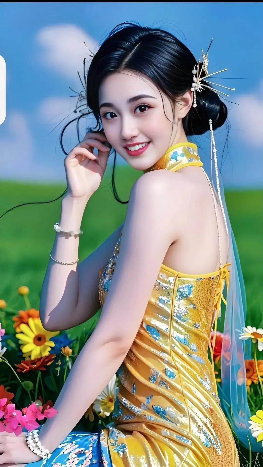 金衣美人，花海中笑语盈盈。红颜美女风彩 景美人美难长留