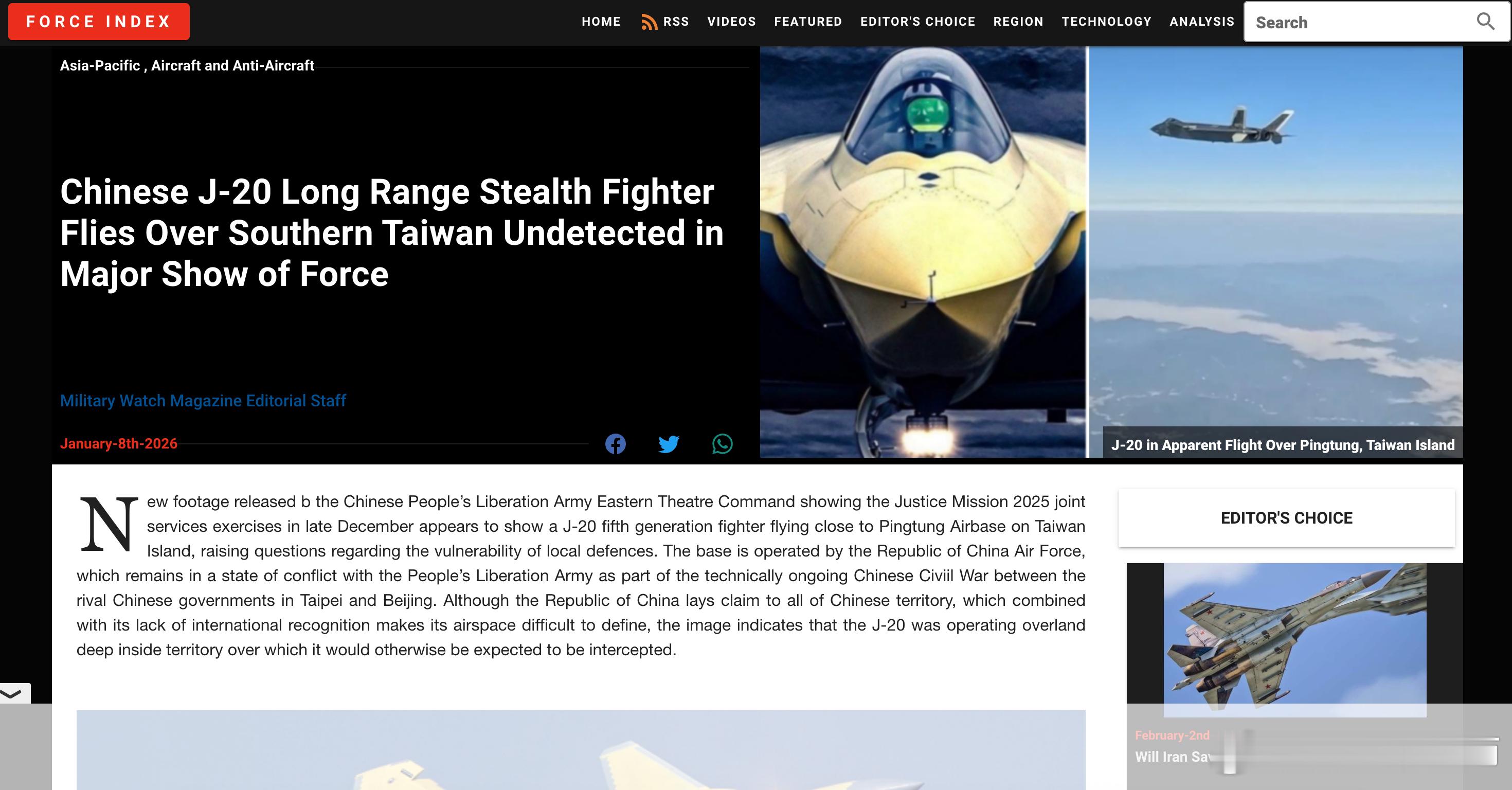 之前解放军“正义使命2025”演习我军公布了 J-20 飞抵台岛上空的影片，美国