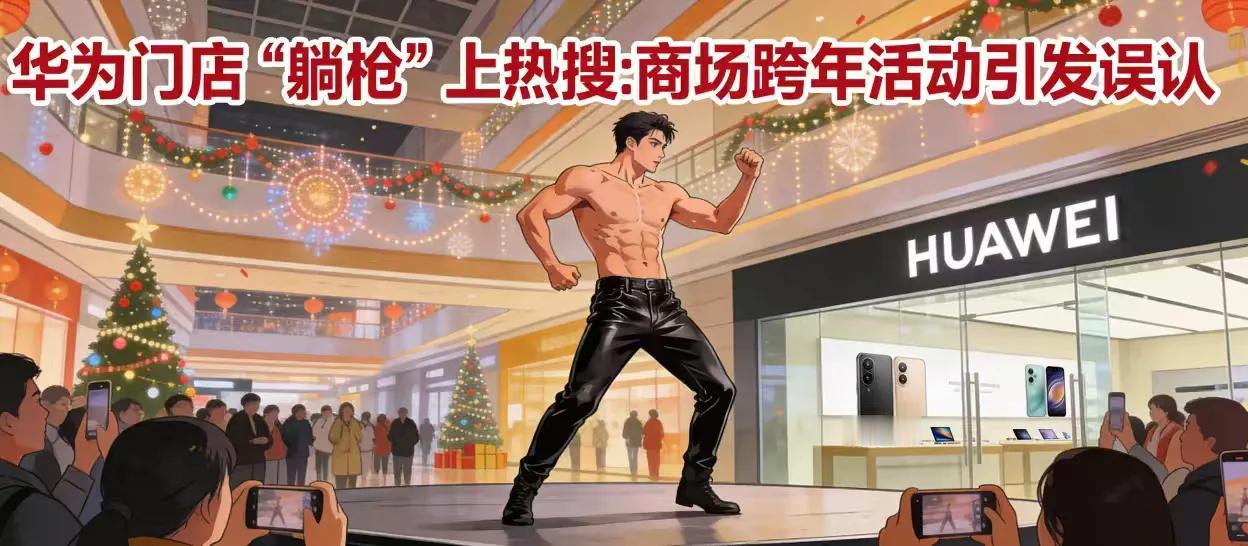 华为门店“躺枪”上热搜：商场跨年半裸男模跳舞，被误认品牌活动引热议
一段多名半裸