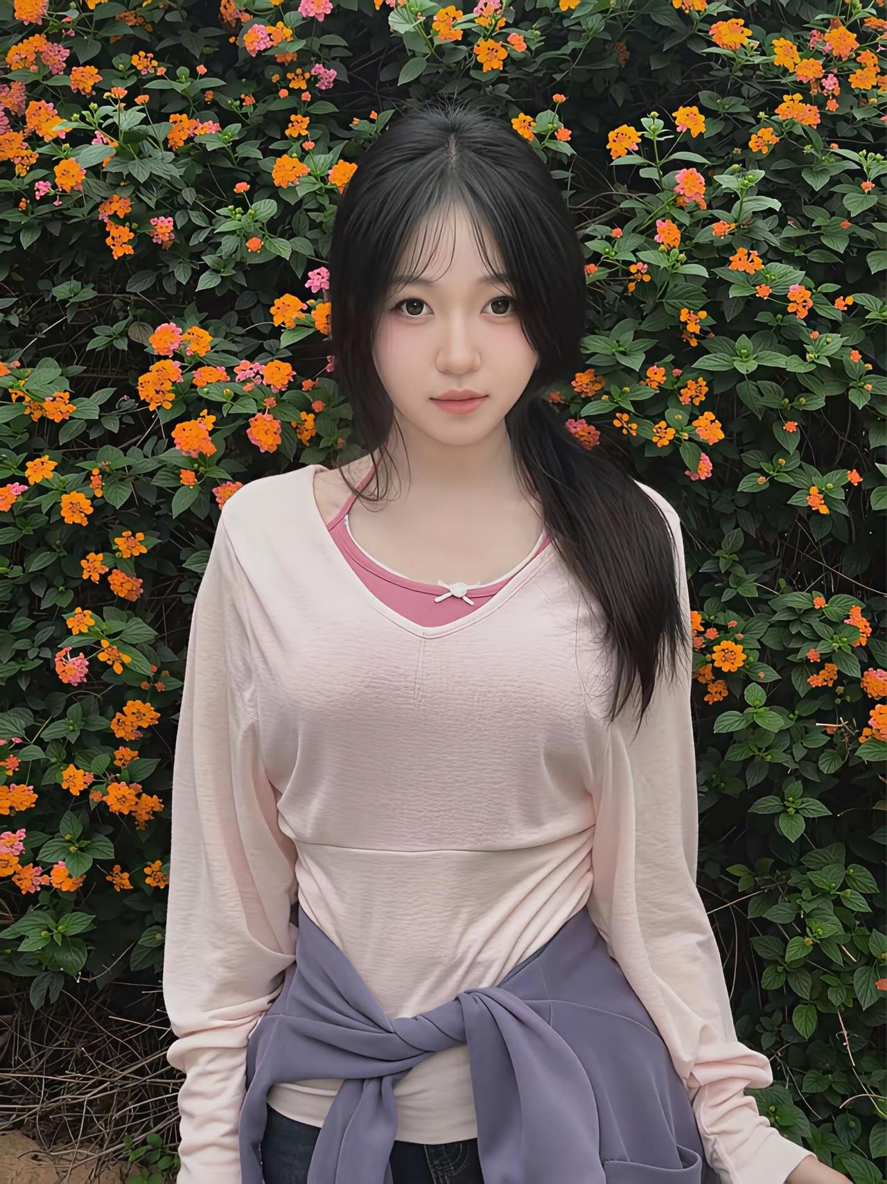 女孩站在花丛前