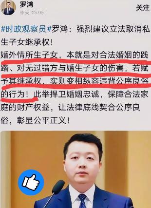 罗鸿提议剥夺私生子继承权，舆论场瞬间炸了锅。

常年做普法内容的罗鸿，从六月上旬