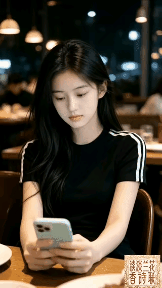 一个人在餐厅里专注看手机。