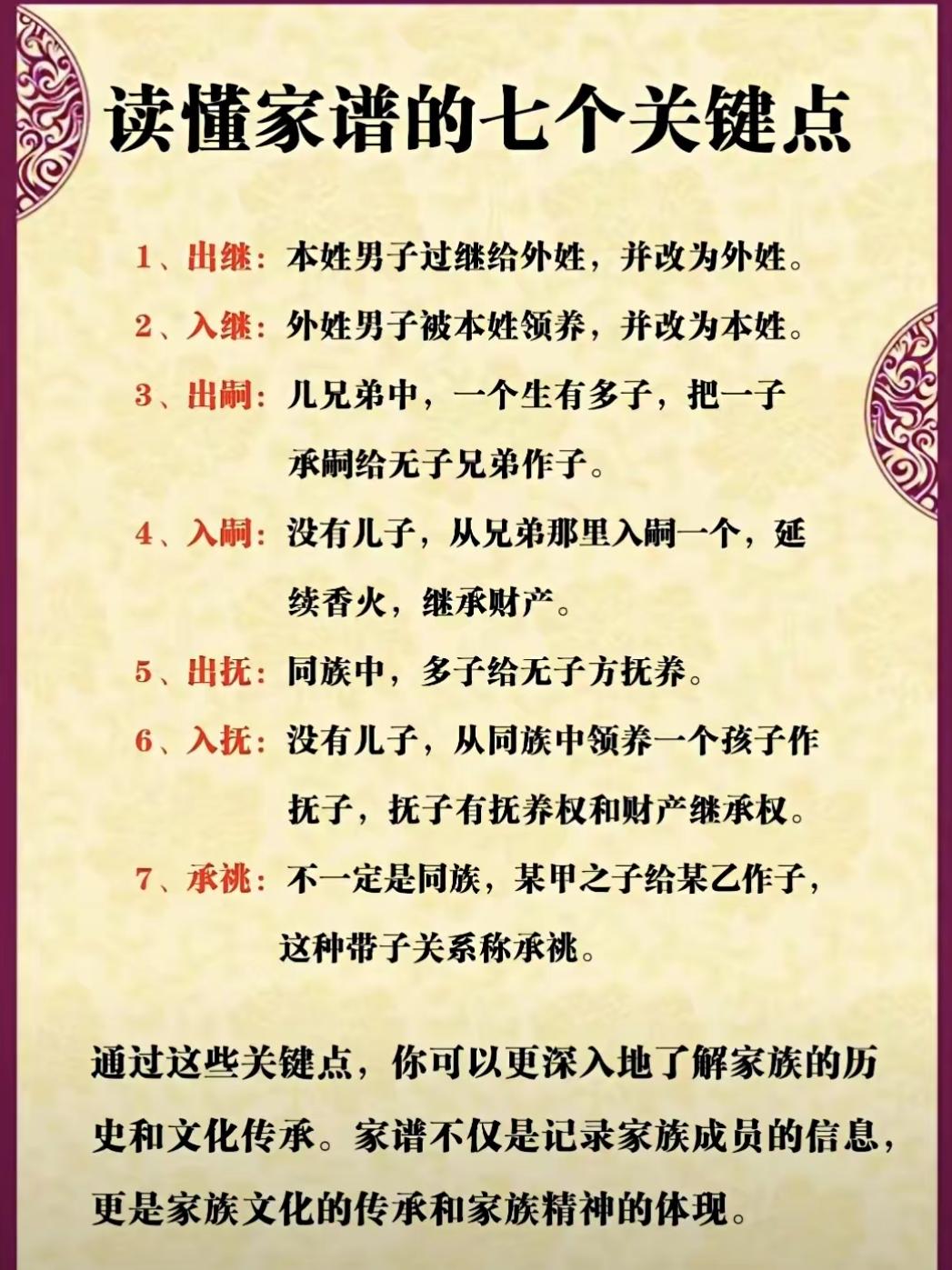 现在很多人家里没有家谱，对家谱里的常用词更是一头雾水。就说出继、出嗣、出抚，意思