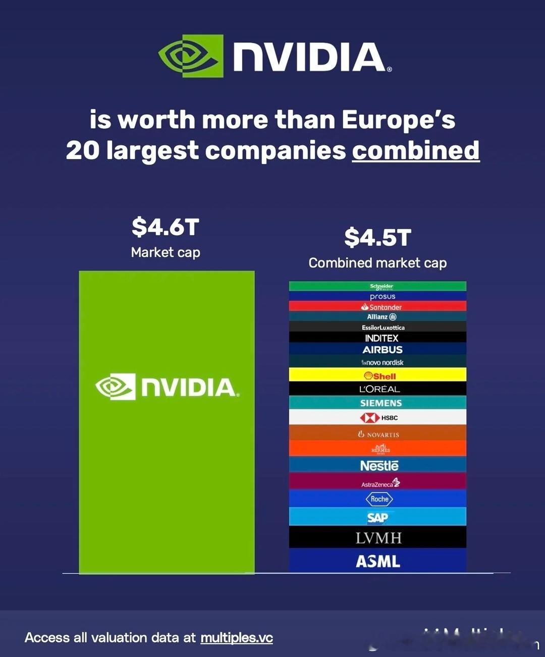 英伟达这家公司的市值比欧洲市值最大的20家公司的总和还要多…… 
