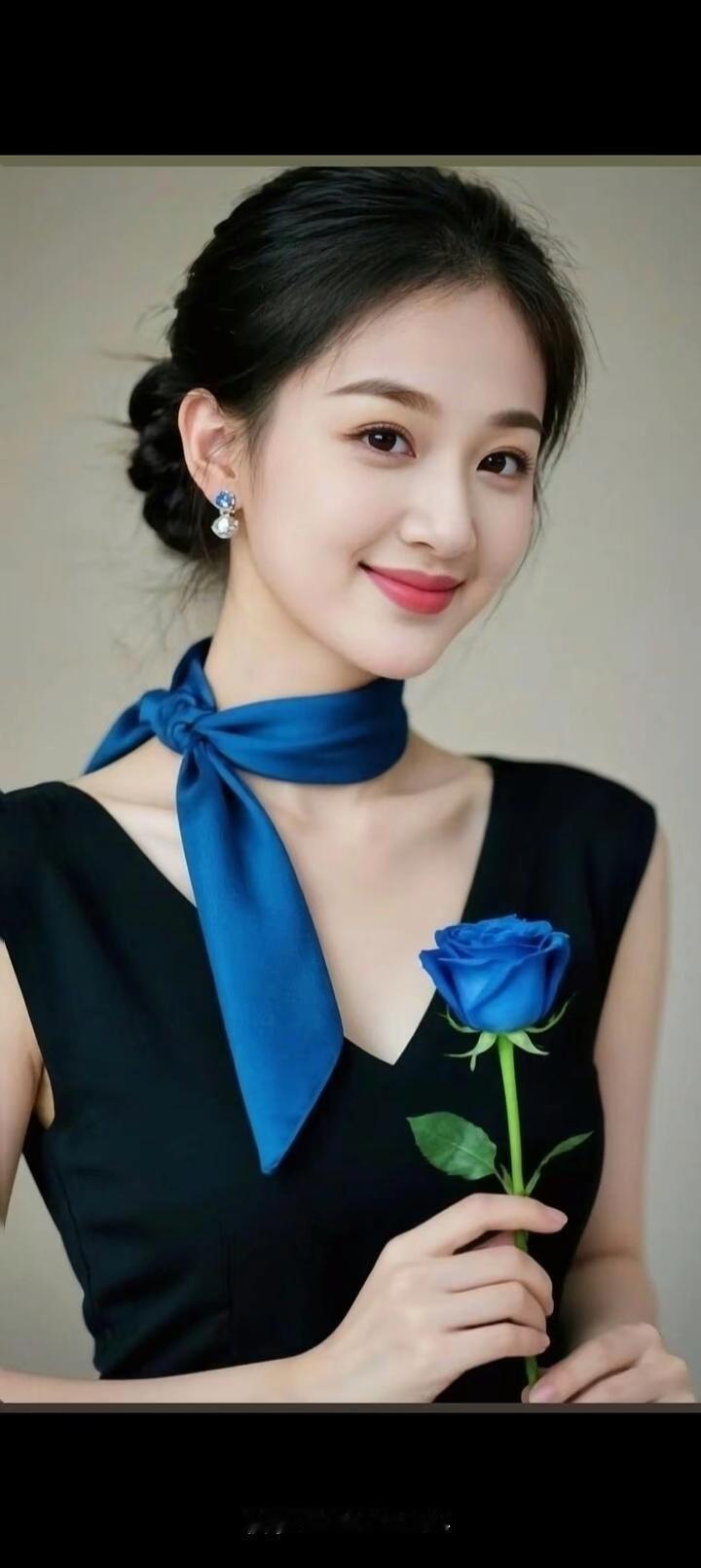 优雅蓝调，玫瑰相伴，甜美笑容，尽显魅力🍎🌹🌸🌺