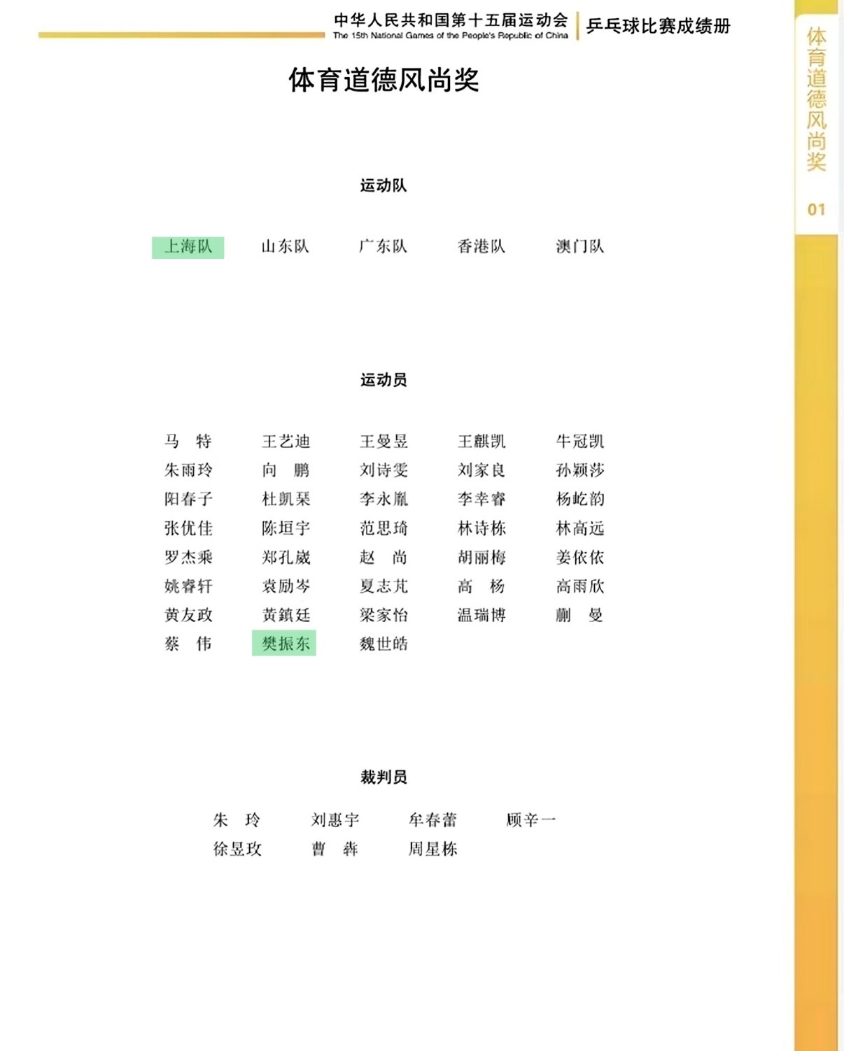 十五运乒乓球项目体育道德风尚奖，祝贺樊振东！樊振东获体育道德风尚奖王曼昱获体育道