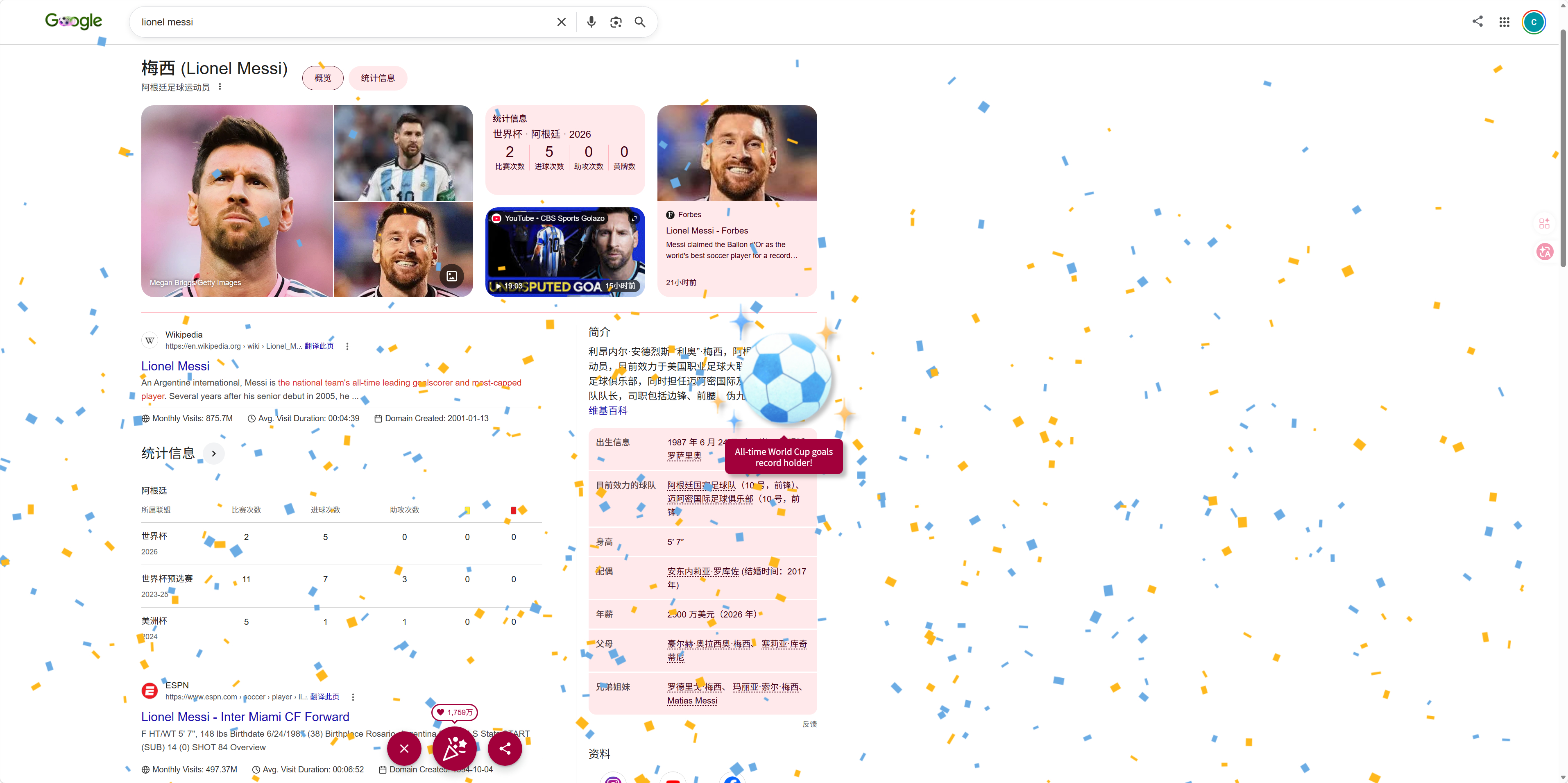 Google祝贺梅西成为世界杯历史射手王，在搜索“lionel messi”的页