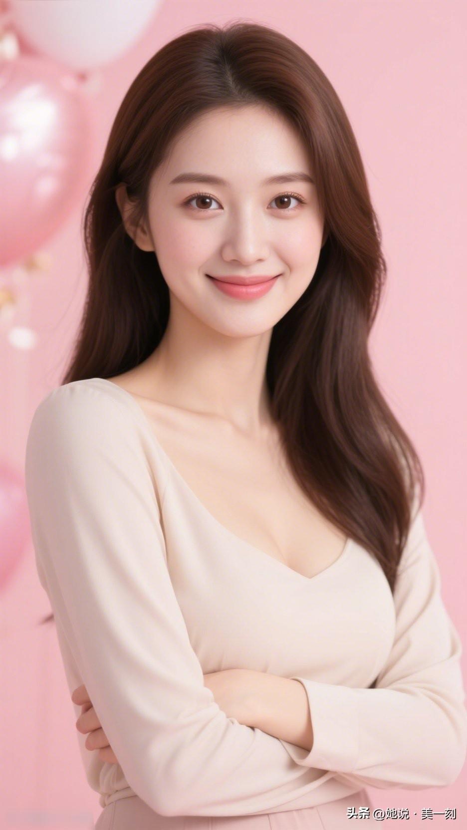 甜美笑容，温柔可人，粉色背景下的优雅女神。发一张你眼中最美的微笑照片