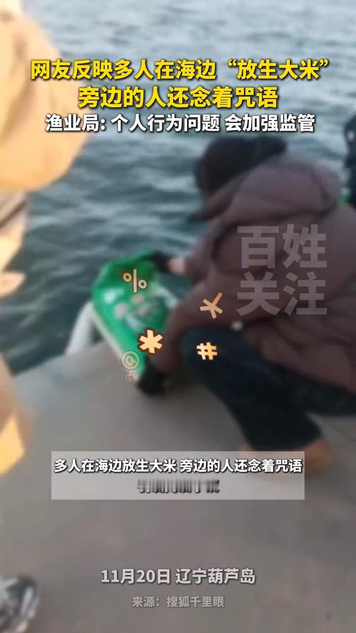 这群大妈是不是嫌退休金多了没地方用？跑去海边放生大米，真的太离谱了。

这一袋袋