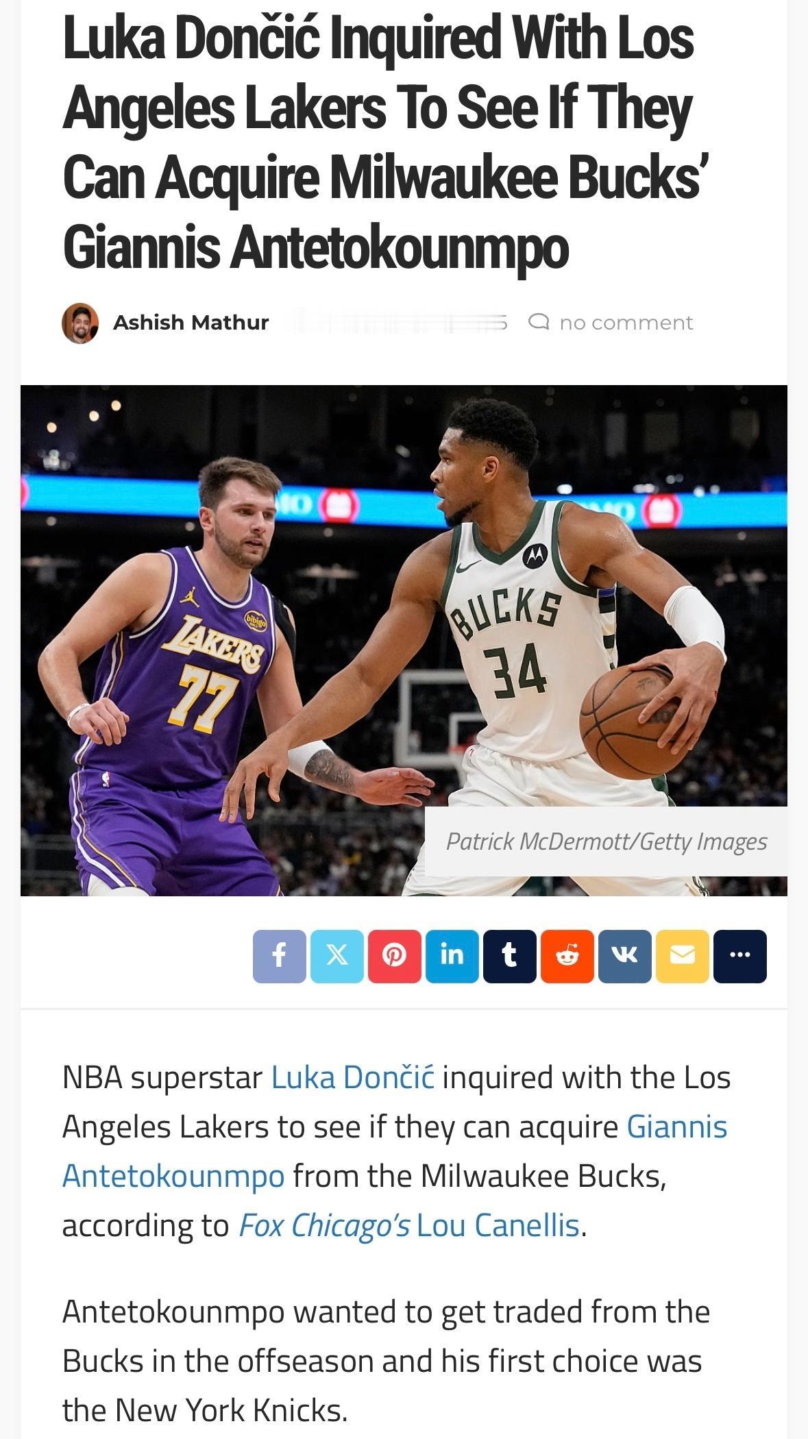 筹码谁？美媒：东契奇亲自问询湖人能否交易字母哥！
目前筹码只有里夫斯、八村垒、所