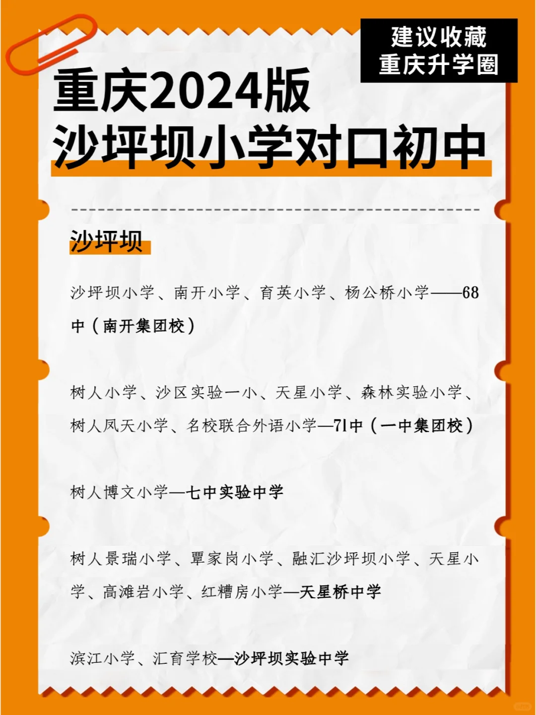 2024新版沙坪坝区小学对口初中汇总