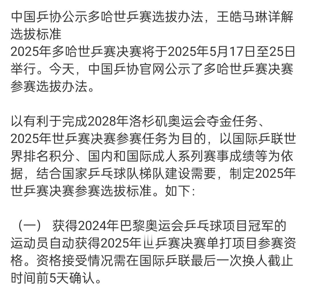 获得2024年巴黎奥运会乒乓球项目冠军的运动员自动获得2025年世乒赛决赛单打项