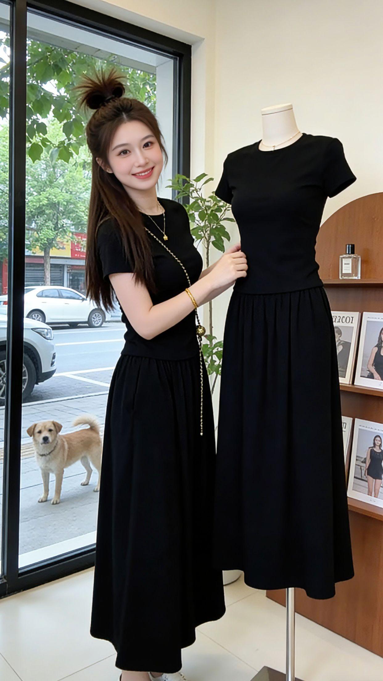 Danny的夏日省心穿搭来啦！这套黑色短袖+半身裙两件套，真的是懒人出门的福音。