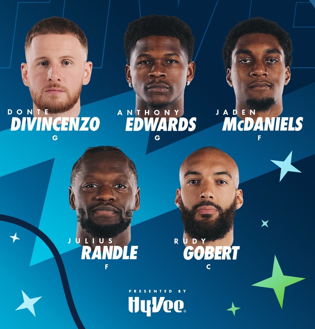 森林狼首发迪温琴佐、爱德华兹、麦克丹尼尔斯、兰德尔、戈贝尔，准备锤爆湖人内线。 