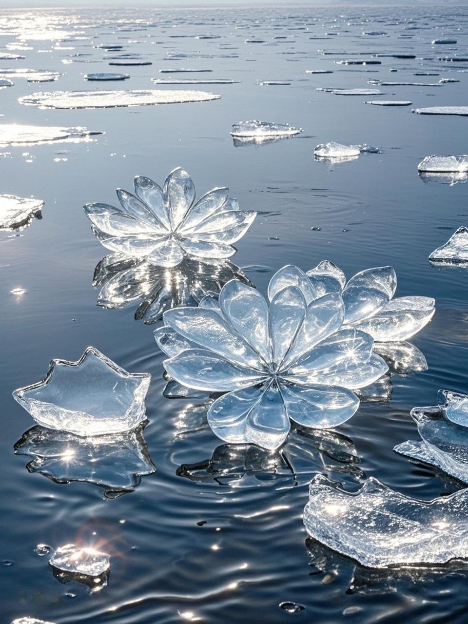 春雨落下，河水解冻，河面上漂浮着碎冰就像朵朵花儿，与上联“雨下千条线”呼应，一静