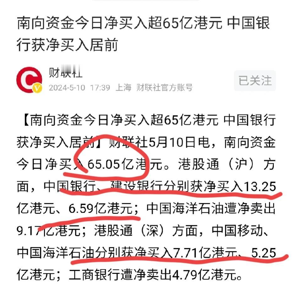 今天港股大涨！南向资金买了65亿。
今天A股小涨，北向资金买了—63亿。

合着