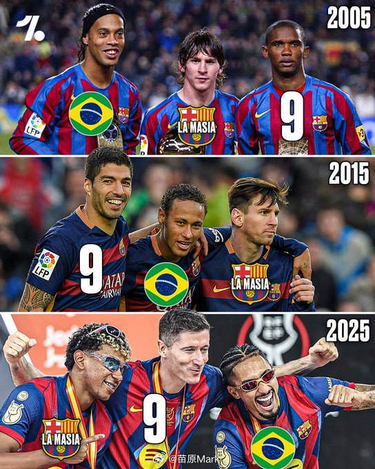 巴萨组队规律：拉玛西亚毕业生+一个巴西人+9号中锋。 