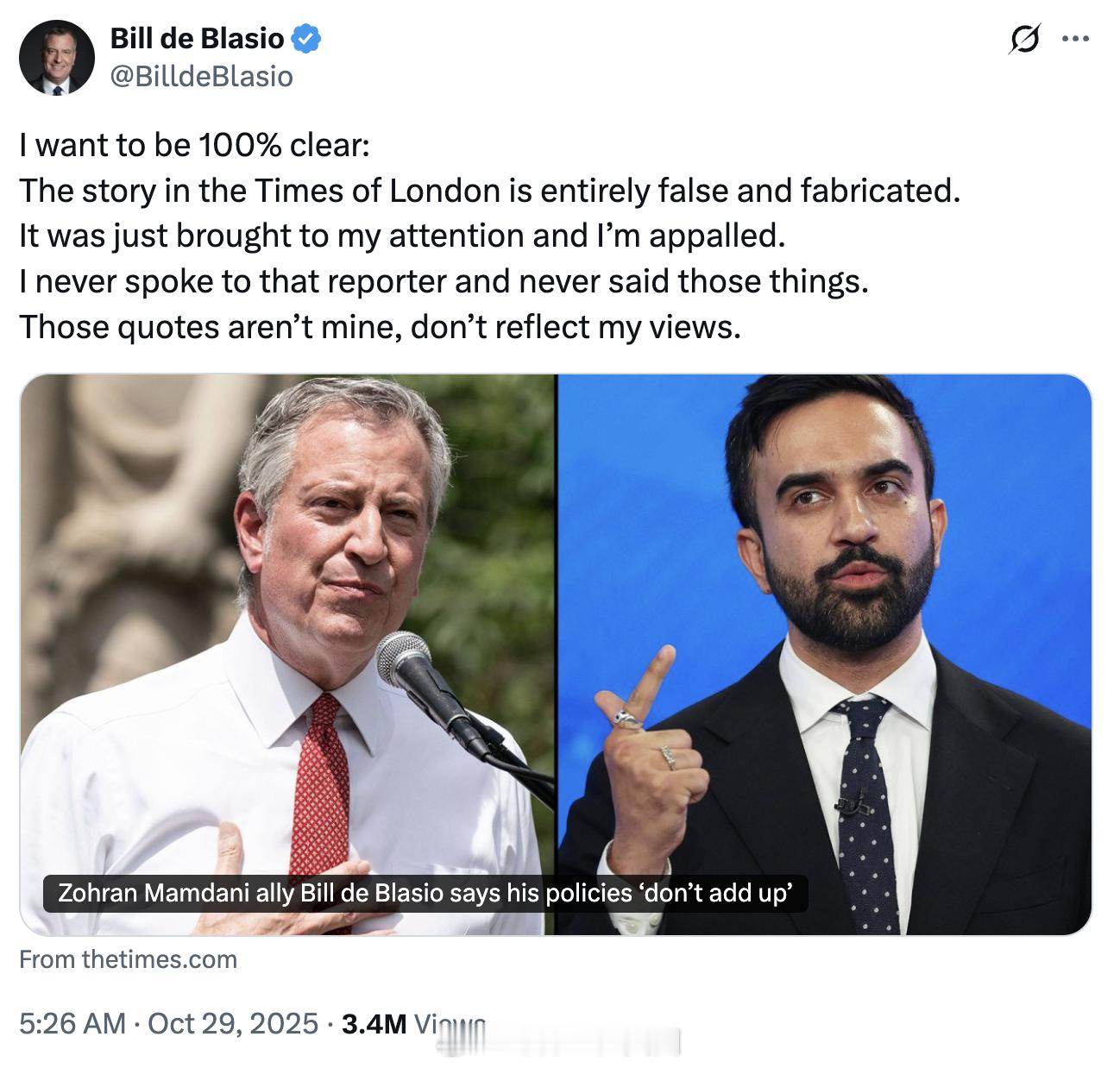 <泰晤士报>日前删除了一篇独家采访文章，内容是有人假借前纽约市长白思豪名义批评市