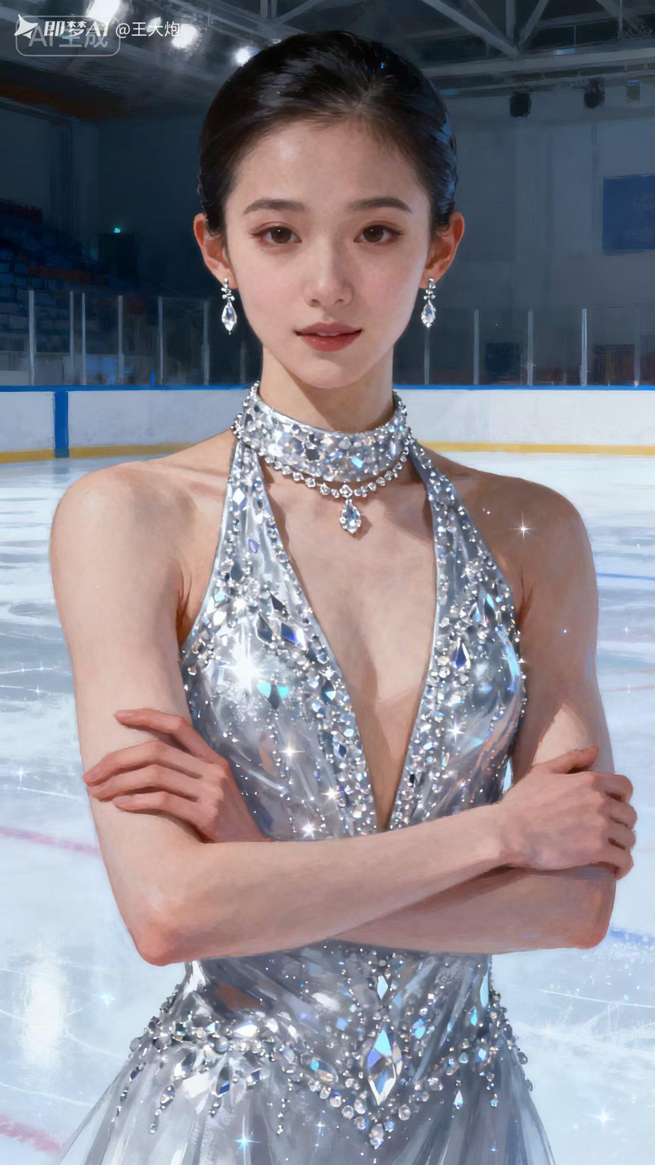 冰场之上少女宛如冰雪公主，缀满碎钻的水晶裙摆随动作轻扬，周遭星光点点流转，清透冷