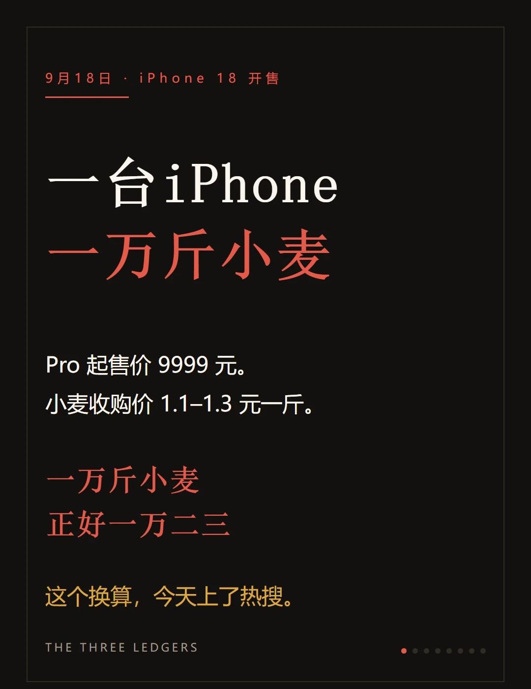 一台iPhone，一万斤小麦
iPhone 18 今天开售，Pro 卖 9999