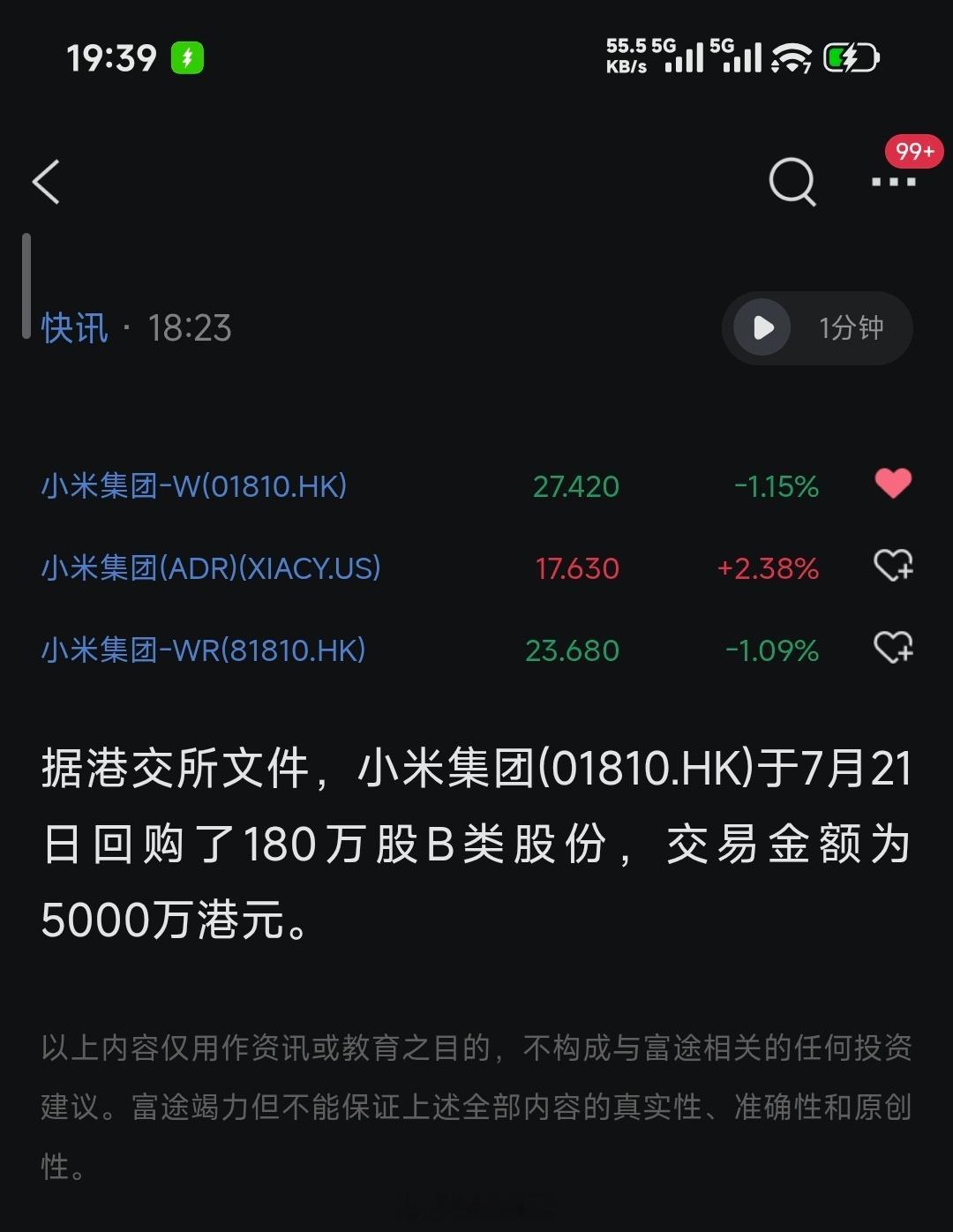 米儿挺久没回购了，今天回购了 5000 万港币！目前趋势还在，明天挺关键的A股行