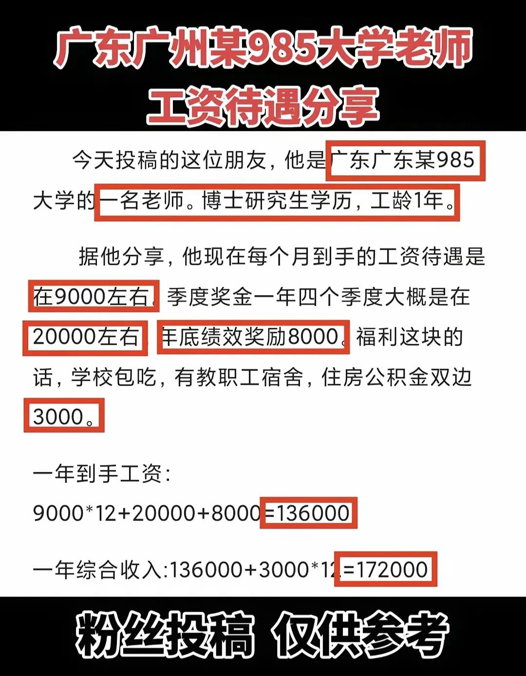 985博士研究生毕业后当老师，工资不可能这么低吧，一年才17万，要知道很多985