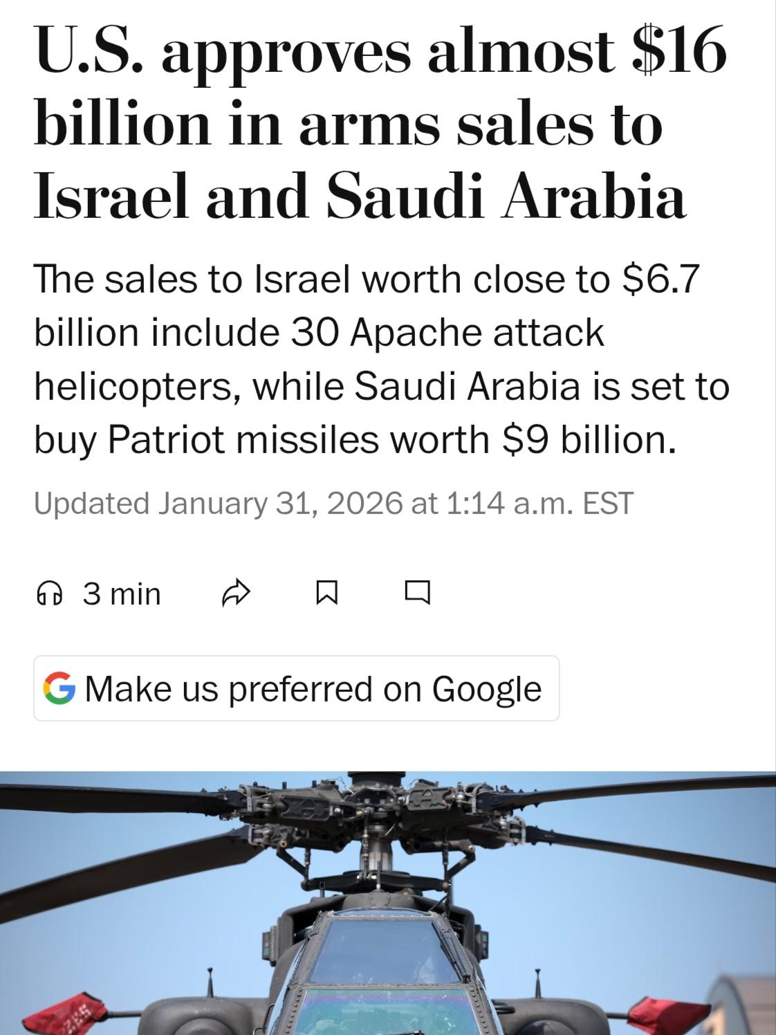 在中东局势依然紧张，特朗普正考虑对伊朗进行军事打击之际，美国批准向以色列出售价值