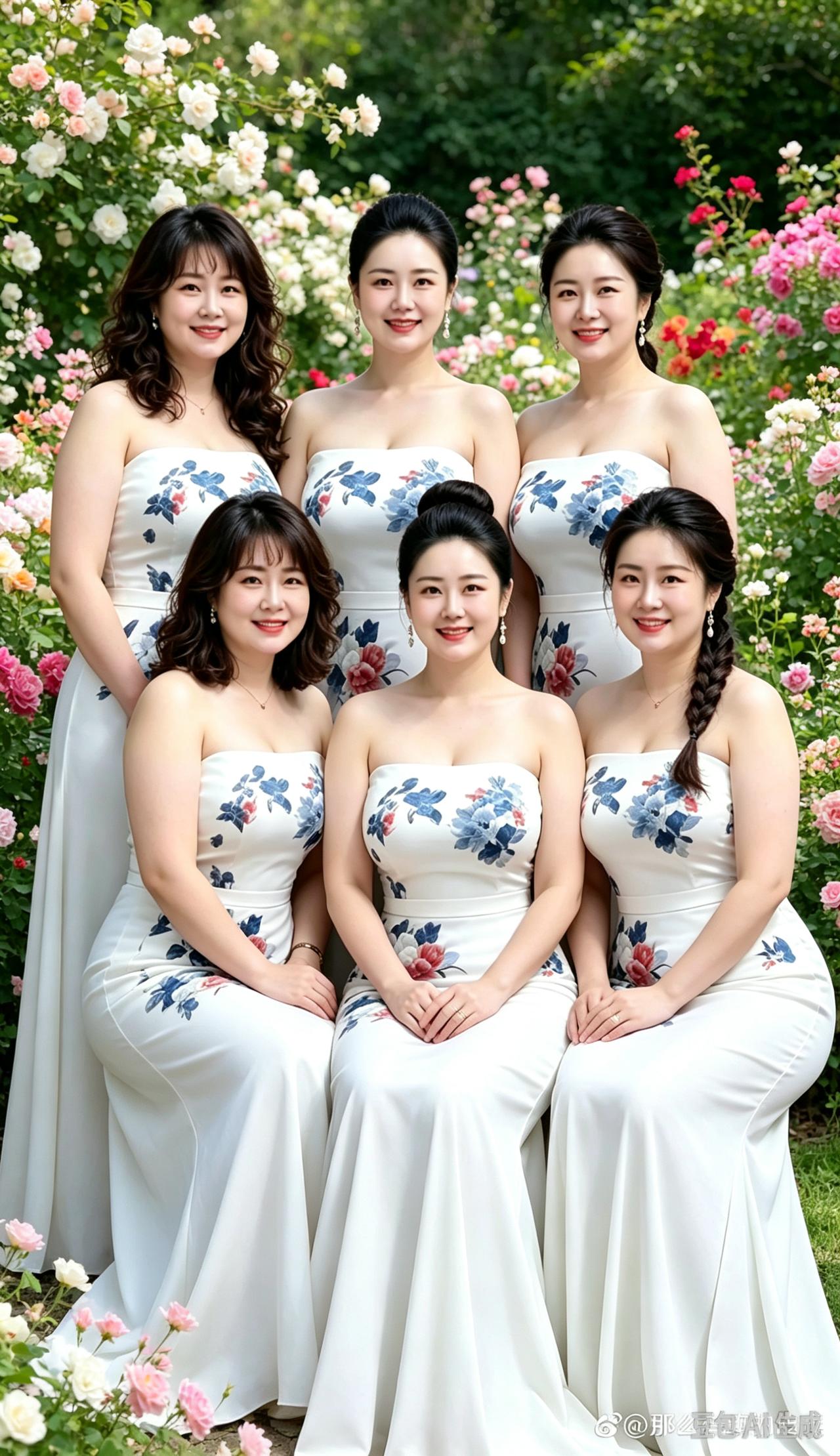 青花映韵俏佳人，
浅笑嫣然气质纯。
六美同框留雅影，
清风一纸醉芳春。