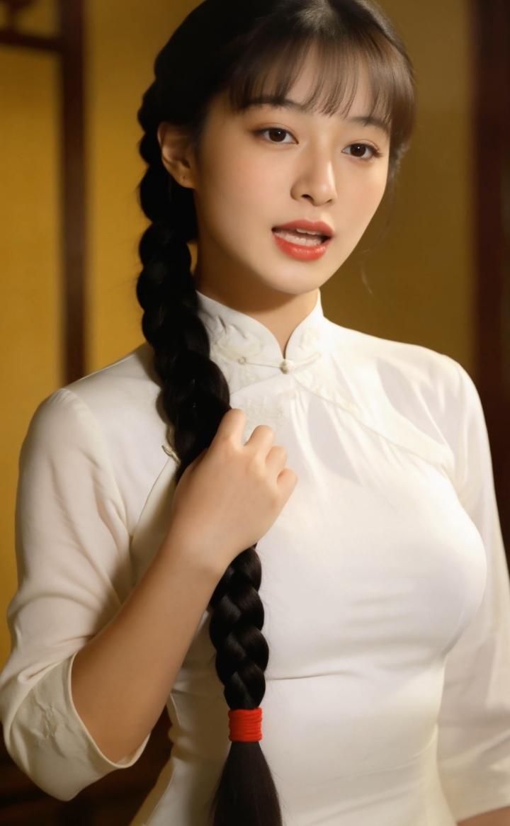 上联：素手挽青丝，回眸一笑倾城色
下联：素衣裹玉体，低首无言海棠羞