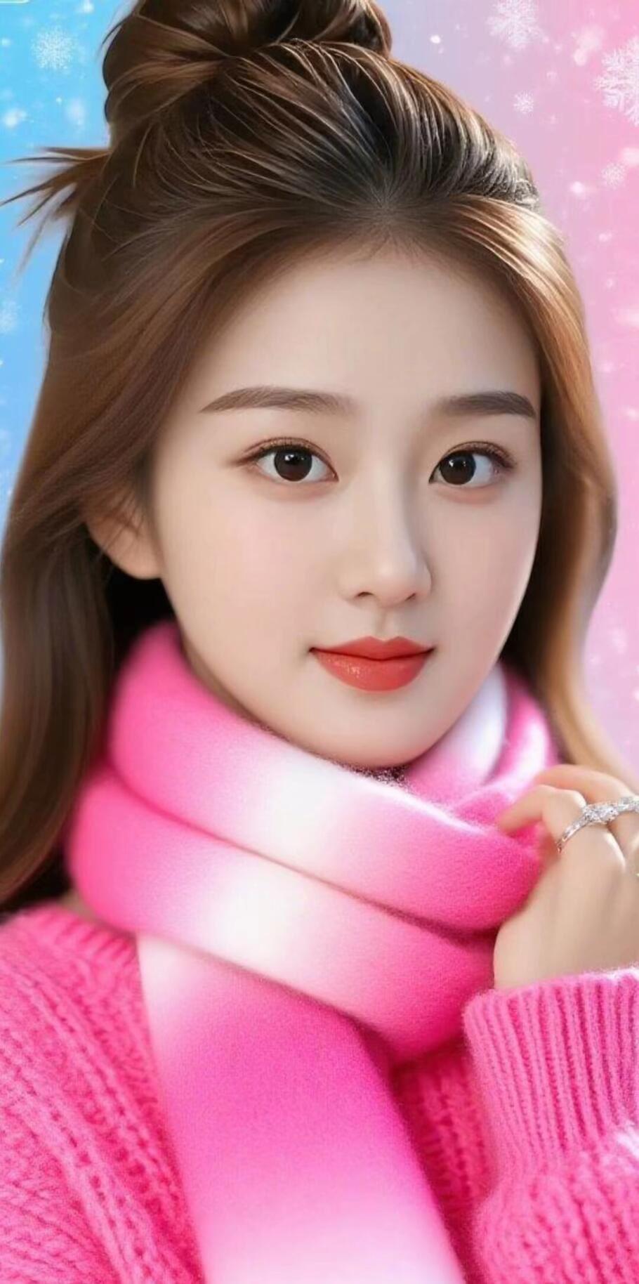 冬日暖阳下的甜美少女，粉色围巾搭配温暖毛衣，甜美动人！🌞💕