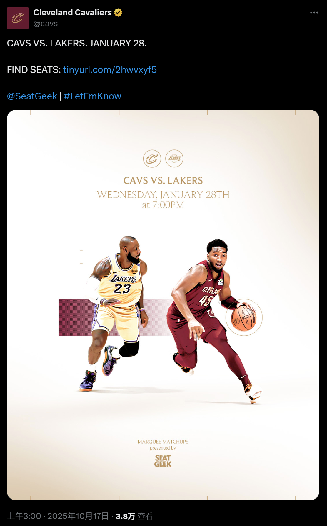 骑士宣传明年1月28日主场与湖人的比赛，海报上放了詹姆斯和米切尔。那场比赛，骑士