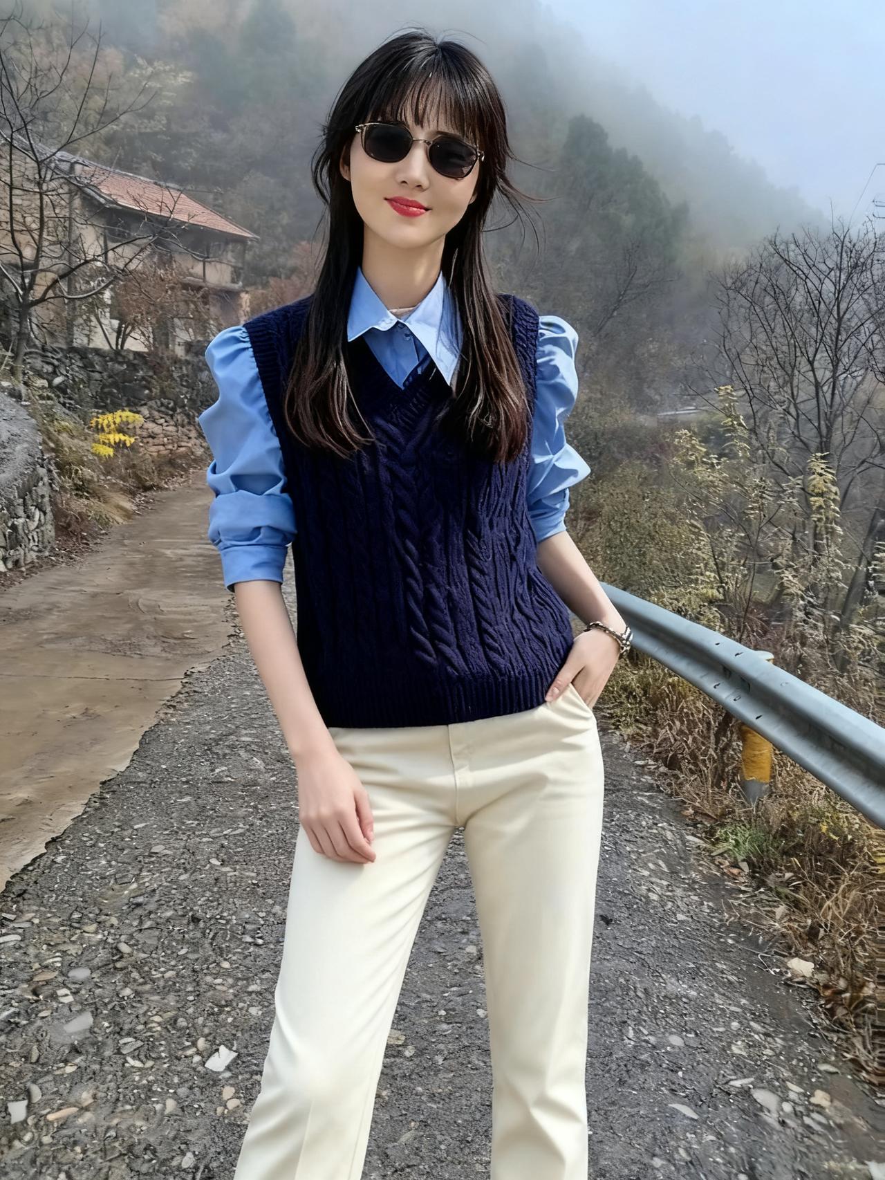 蓝衫裁雾色，黑氅裹云光。
袖卷风初软，裾垂意自长。
眸中藏岫远，鬓角带霜凉。
不