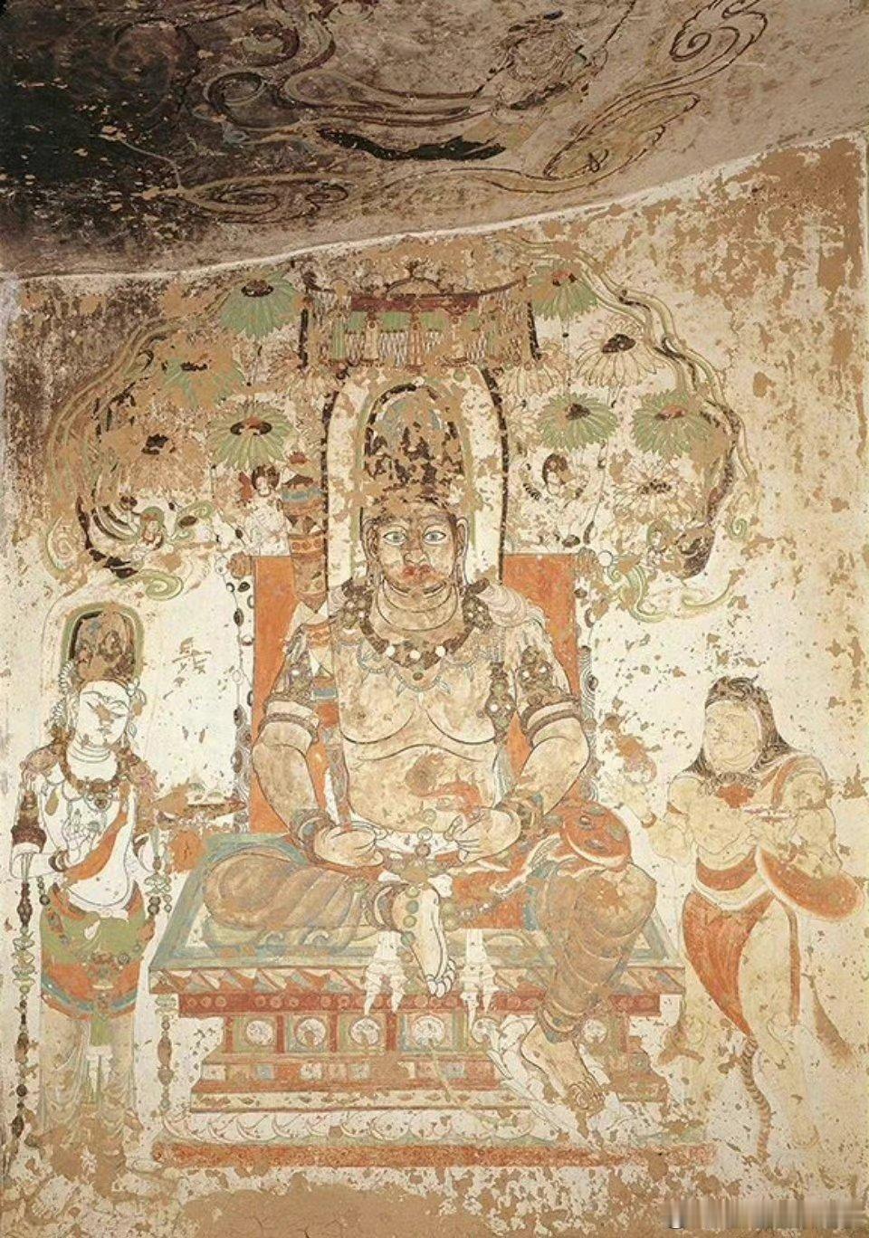 敦煌榆林窟第15窟由敦煌研究院断代为中唐。此窟北壁所绘天王坐须弥座，不着甲胄，上