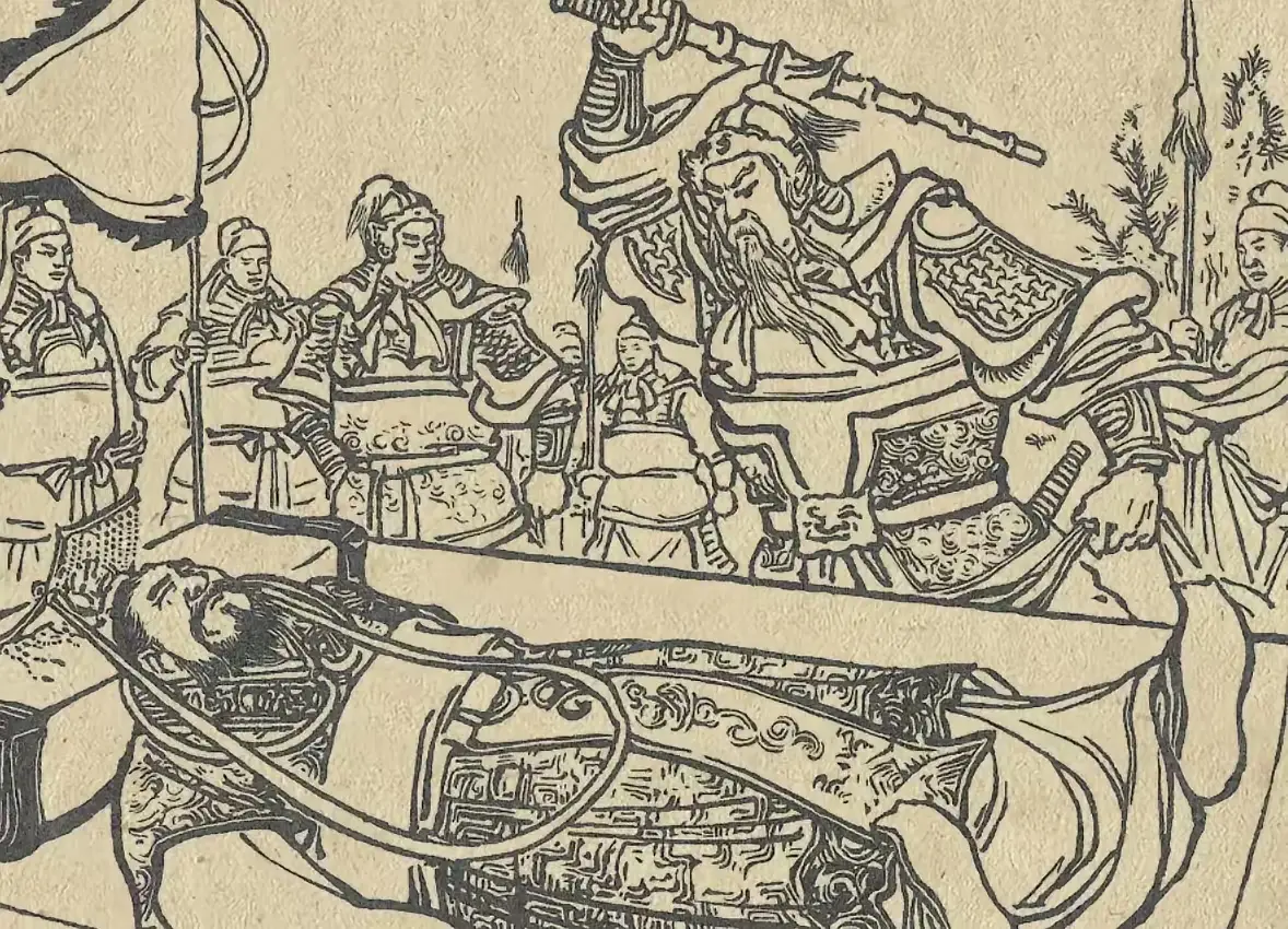 图中大将为了报血海深仇，把一代人王帝君的尸体从土里刨了出来，他为了解恨...