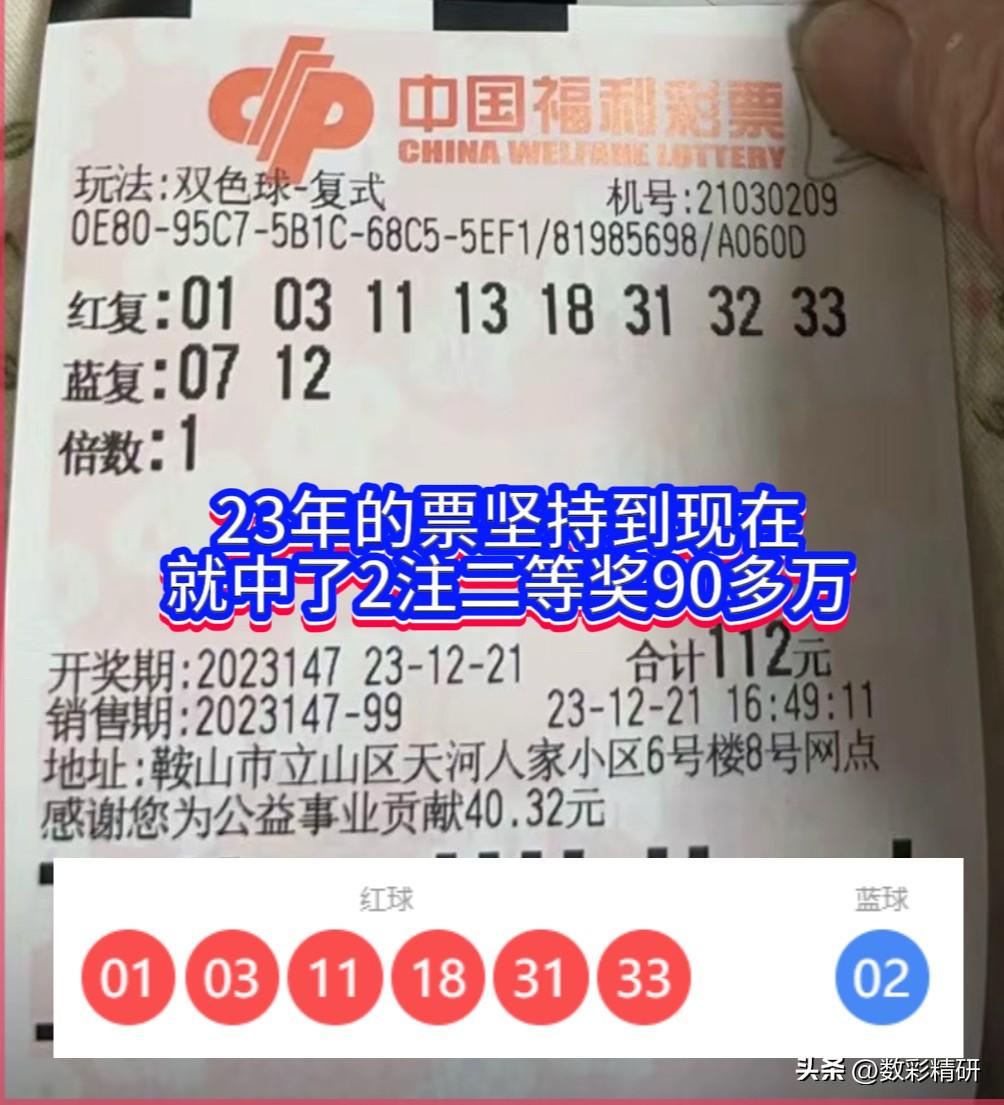 双色球第26032期开奖结果已然揭晓，有网友晒出一张2023年12月购得的“8+