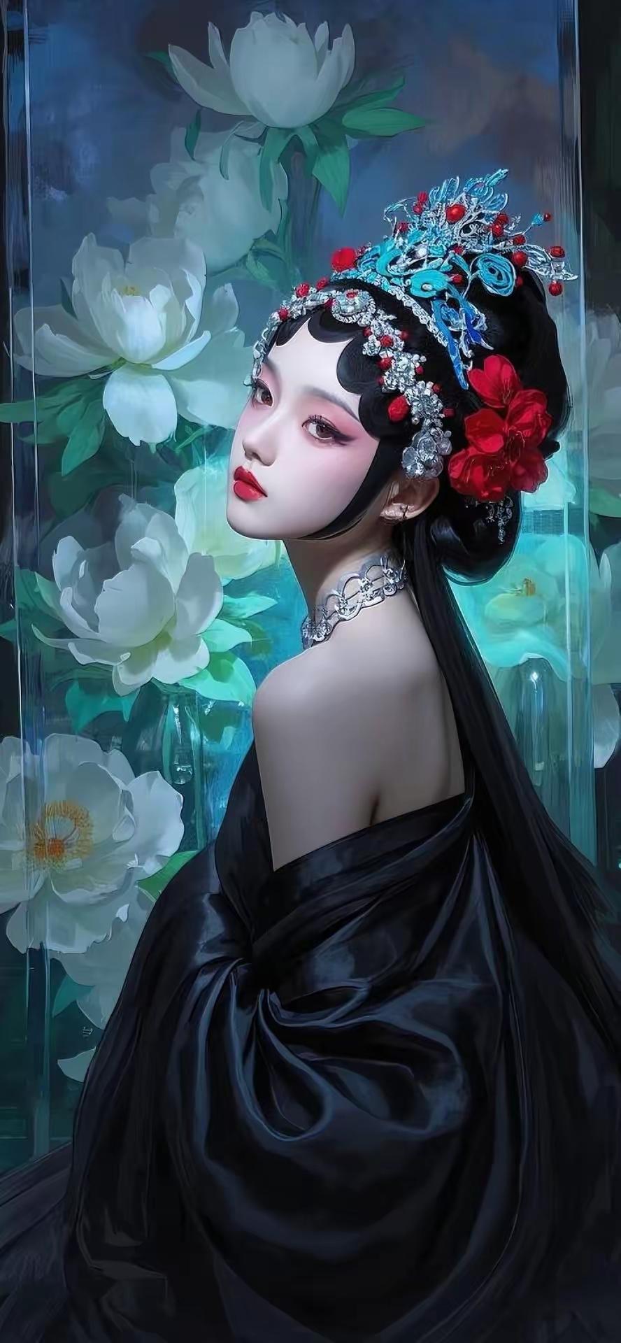 国风手机壁纸～鬓边珠翠绾起梨园风月，丹朱眉眼晕染千年戏韵。水墨笔墨铺陈意境，白牡