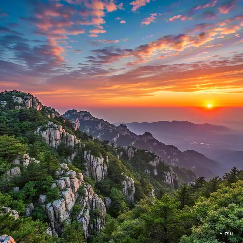 泰山夕阳西下，天空如诗如画，万道金光洒满山川，景色无比壮观。#壮丽山河映丽日# 