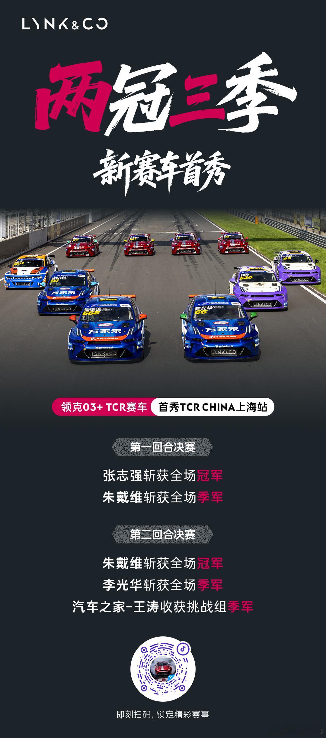 领克03+ TCR赛车在TCR CHINA上海站揭幕战中首战告捷，斩获2冠3季。