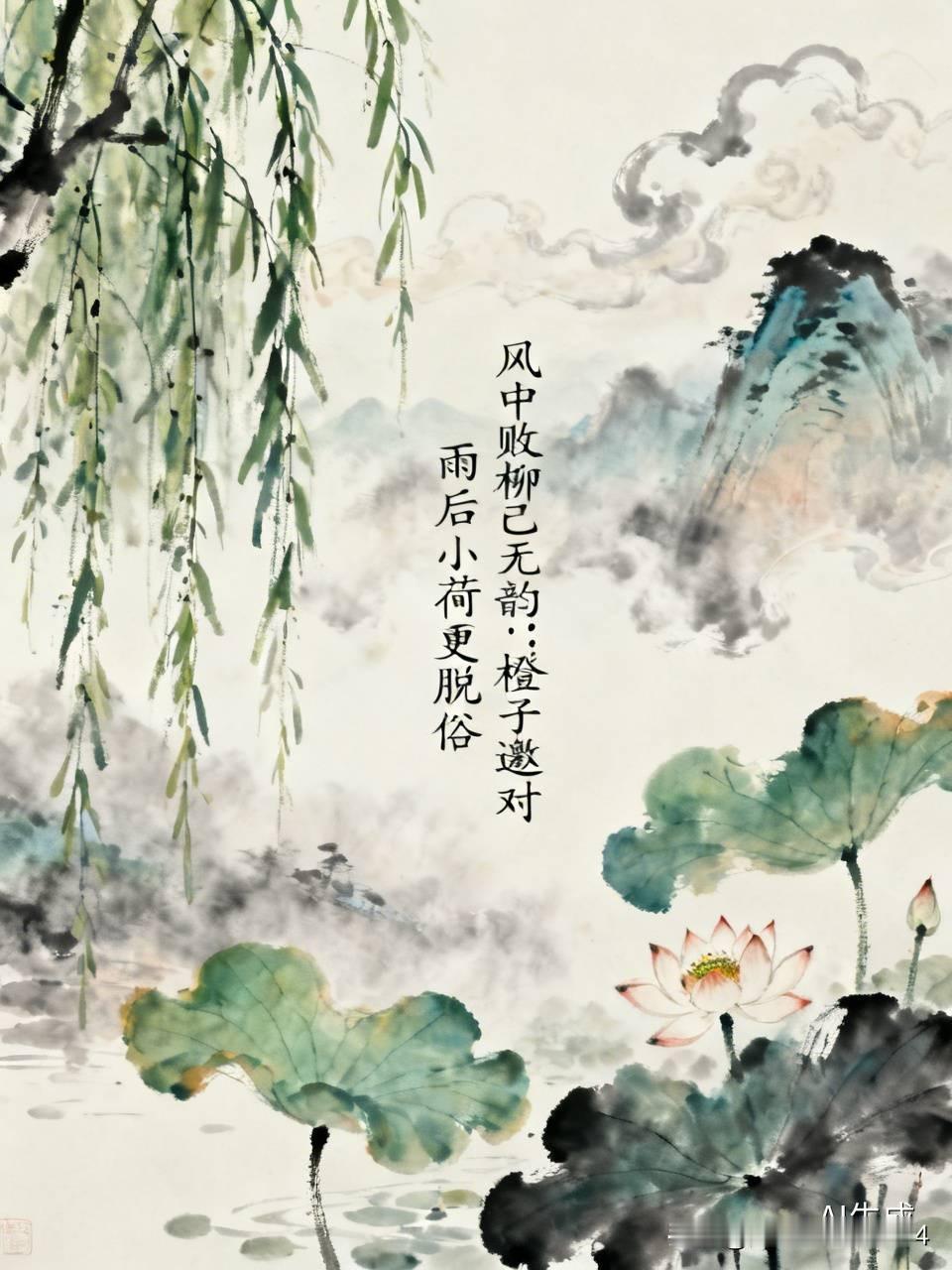 上联：风中败柳已无韵；橙子邀对，，雨后小荷更脱俗，[微风]