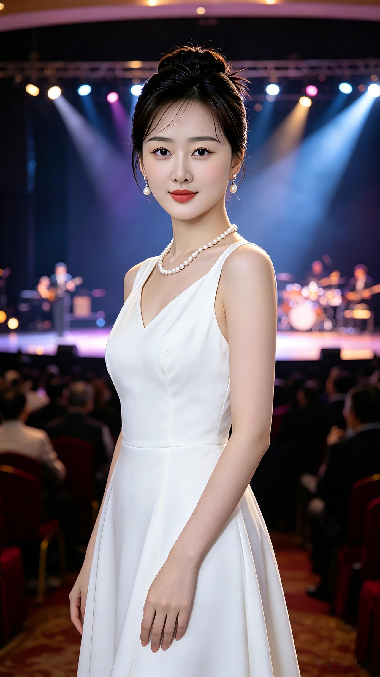 舞台白衣佳人
 
华灯流彩映芳颜，
素白长裙衬玉肩。
珠饰轻垂添雅致，
亭亭一立